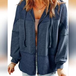 Women's Navy Blue Waffle Knit Long Sleeve Zip-Up Hoodie Sweatshirt